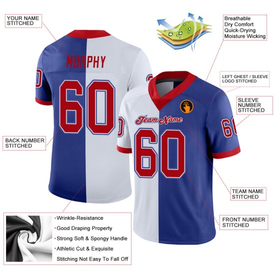 Custom Royal Red-White Mesh Split Fashion Football Jersey Custom Royal Red-White Mesh Split Fashion Football Jersey