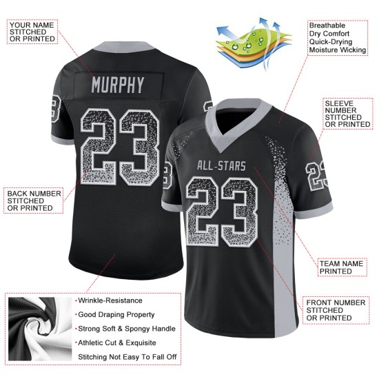 Custom Black Gray-White Mesh Drift Fashion Football Jersey Custom Black Gray-White Mesh Drift Fashion Football Jersey