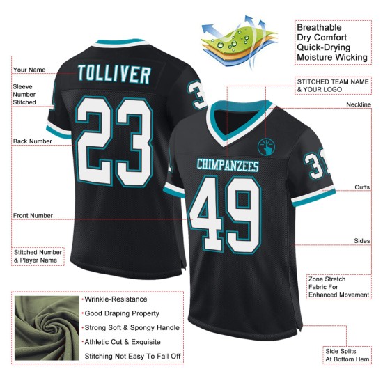 Custom Black White-Teal Mesh Authentic Throwback Football Jersey Custom Black White-Teal Mesh Authentic Throwback Football Jersey