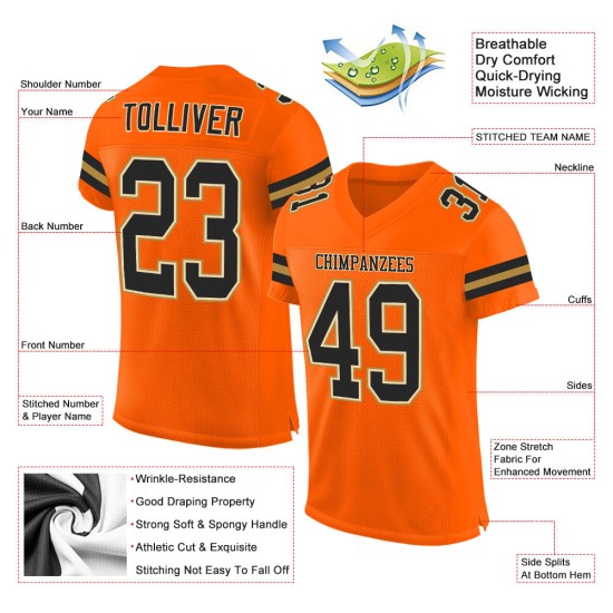 Custom Orange Black-Old Gold Mesh Authentic Football Jersey Custom Orange Black-Old Gold Mesh Authentic Football Jersey