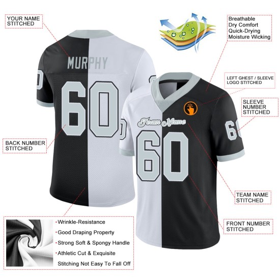 Custom Black Silver-White Mesh Split Fashion Football Jersey Custom Black Silver-White Mesh Split Fashion Football Jersey