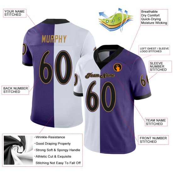 Custom Purple Black-White Mesh Split Fashion Football Jersey Custom Purple Black-White Mesh Split Fashion Football Jersey